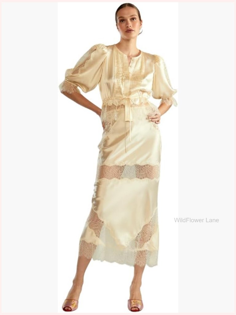 Silk Peplum Blouse With Lace Sleeves Mock Neck Ivory